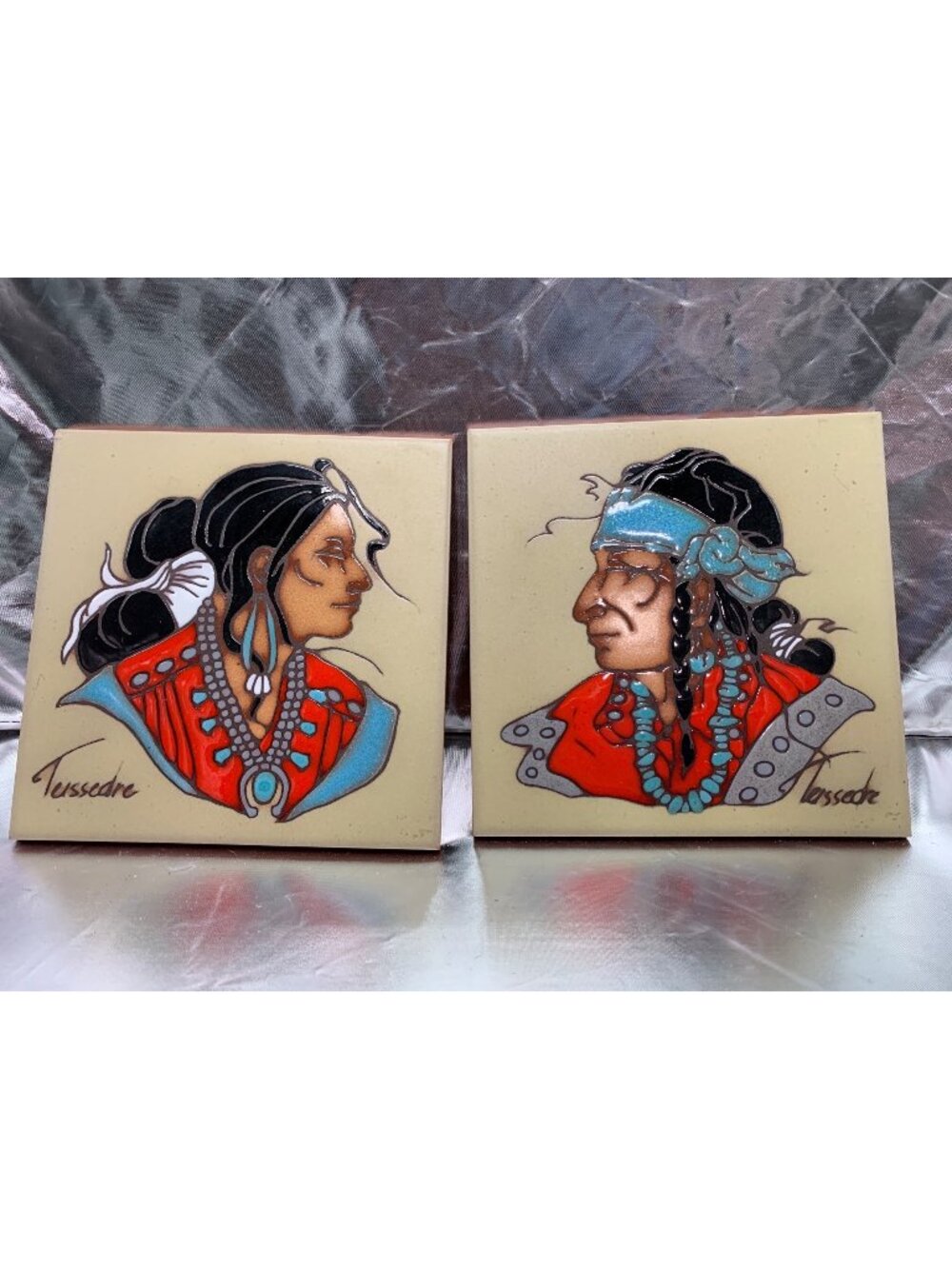 Native American Cleo Teissedre 2 Piece Hand Painted Ceramic Tile Trivet Set